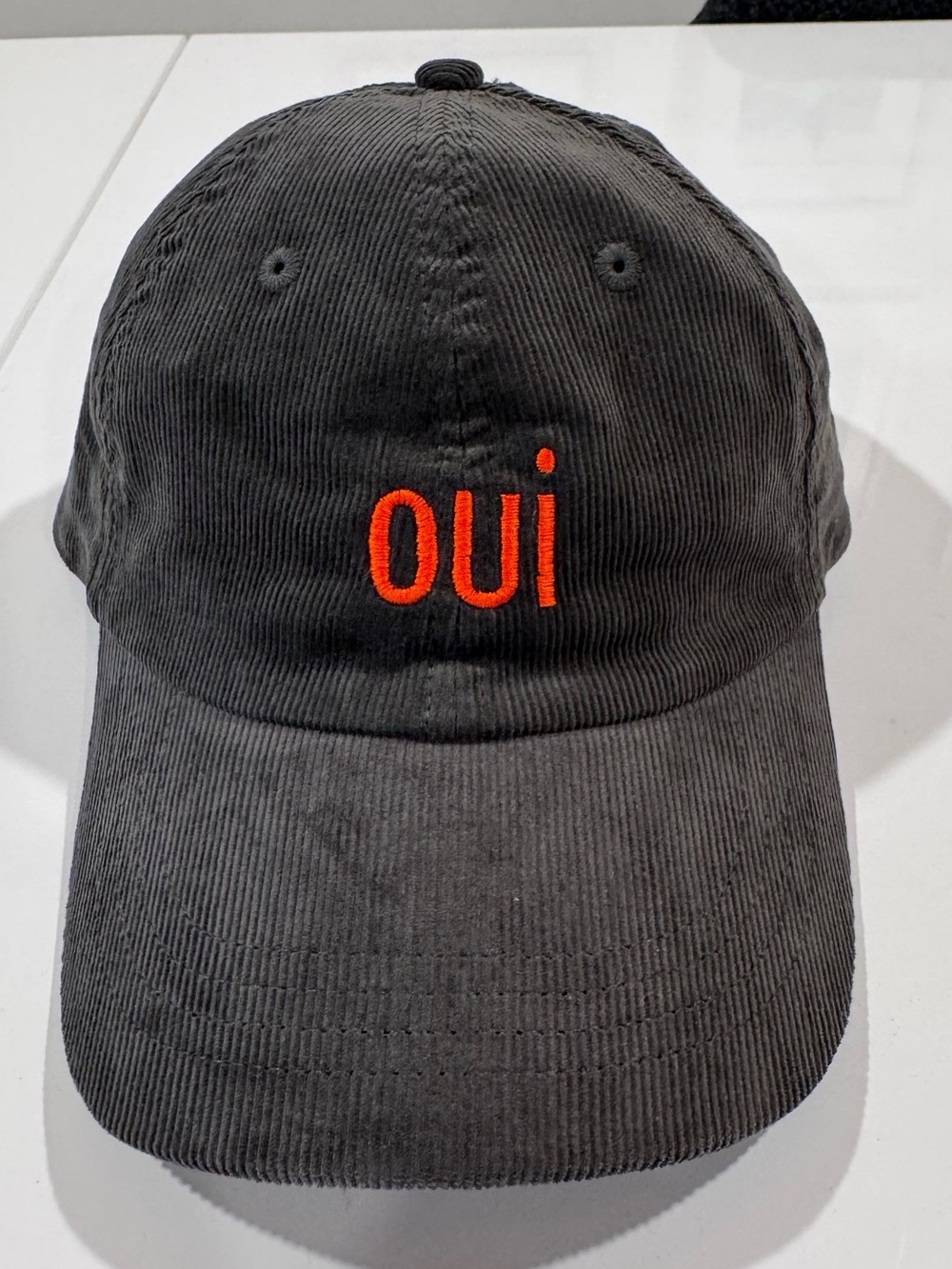 Charcoal/dusty olive 'OUI' Embroidered Corduroy Cap - Men